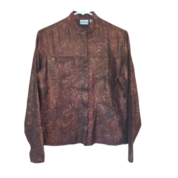 Chico's Silk Linen Shimmery Floral Lined Blazer Small Chico's 0 Metallic Bronze - Picture 2 of 14